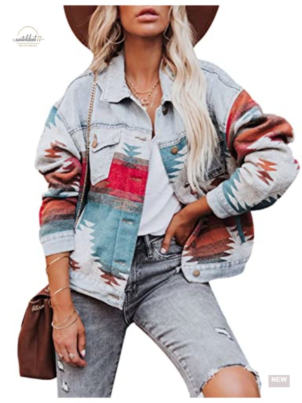 Denim Jacket Shacket Women Button Down Aztec Distressed Drop Shoulder Frayed
